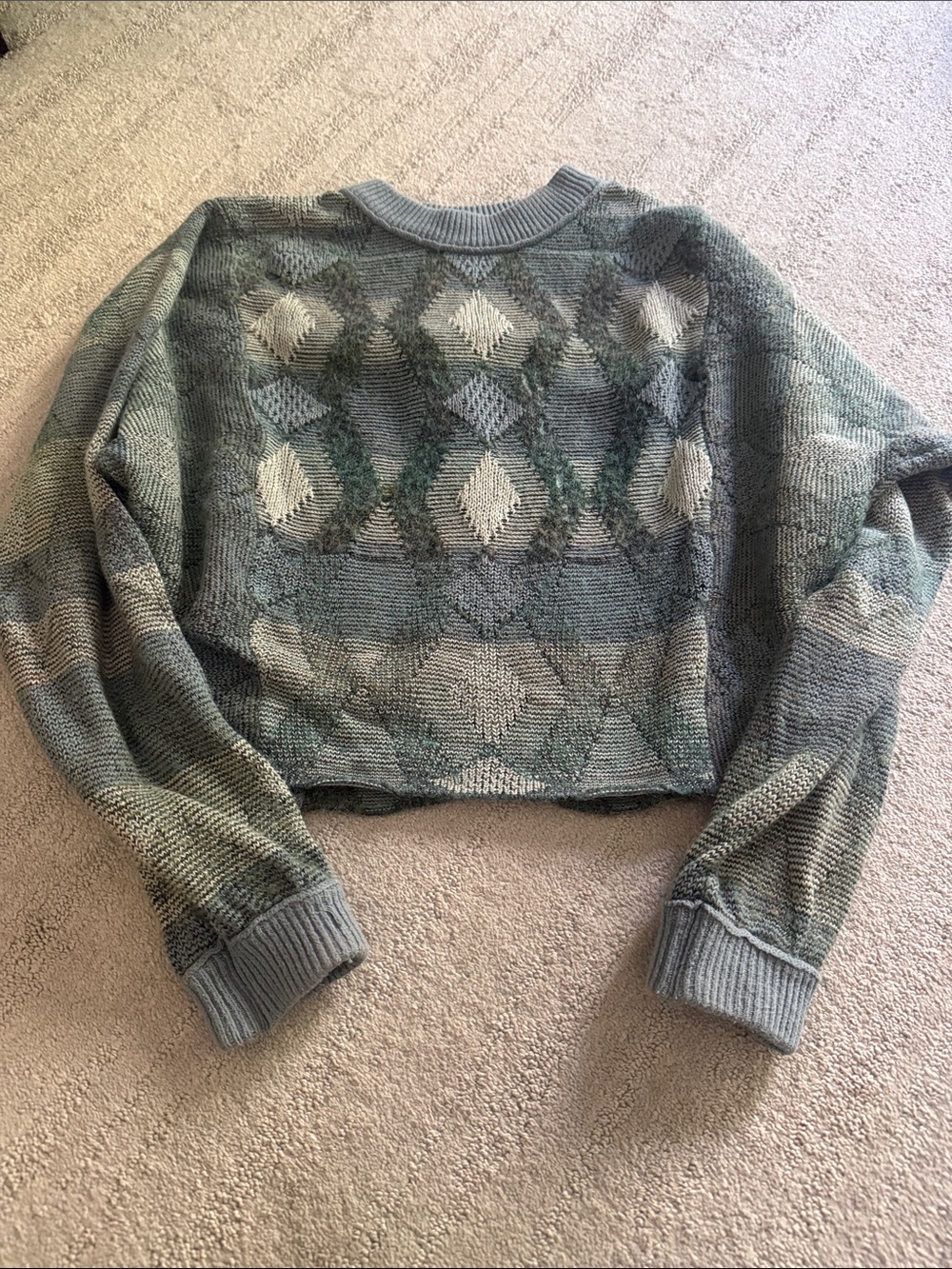Vintage-Inspired Patterned Crewneck Sweater - Sage Green cropped